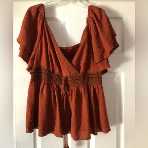 SHEIN Orange Flutter Sleeve Ruffled Wrap Blouse